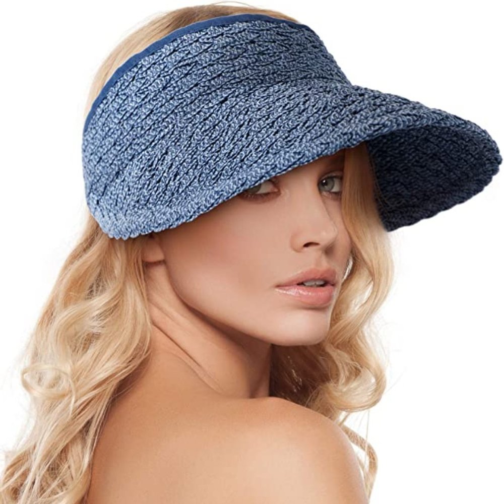 Blue Straw Visor Sun Hat - Womens Lightweight Summer Visor
